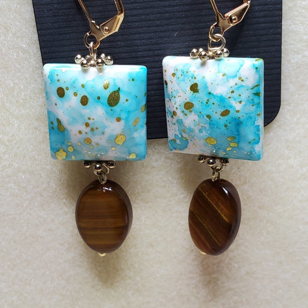 Gold,Turquoise Bead,w/Millefiori Glass,Translucent marbled amber Dangle Earrings